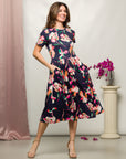 24seven Comfort Apparel Womens Navy Floral Short Sleeve Pleated Flare Midi Pocket Dress