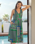 Womens Midi Length Green Scarf Print Sleeveless Pleated Pocket Dress