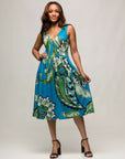 24seven Comfort Apparel Womens Midi Length Teal Paisley Print Sleeveless Pleated Pocket Dress