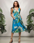 24seven Comfort Apparel Womens Midi Length Teal Paisley Print Sleeveless Pleated Pocket Dress
