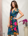 24seven Comfort Apparel Blue Floral Knee Length Short Sleeve Faux Wrap Dress