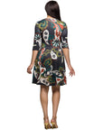 24seven Comfort Apparel Three Quarter Sleeve Fit and Flare Dress in Green Multi Paisley Print
