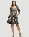 24seven Comfort Apparel Three Quarter Sleeve Fit and Flare Dress in Green Multi Paisley Print