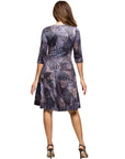 24seven Comfort Apparel Three Quarter Sleeve Fit and Flare Dress in Grey Print
