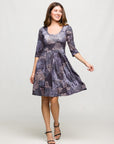24seven Comfort Apparel Three Quarter Sleeve Fit and Flare Dress in Grey Print
