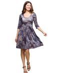 24seven Comfort Apparel Three Quarter Sleeve Fit and Flare Dress in Grey Print