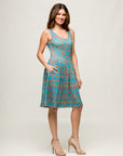 24seven Comfort Apparel Sky Blue Sleeveless Pleated Knee Length Pocket Dress