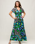 24seven Comfort Apparel Womens Blue Butterfly Print V Neck Empire Waist Cap Sleeve Maxi Dress