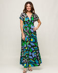 24seven Comfort Apparel Womens Blue Butterfly Print V Neck Empire Waist Cap Sleeve Maxi Dress
