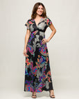 24seven Comfort Apparel Womens Black Paisley Print V Neck Empire Waist Cap Sleeve Maxi Dress