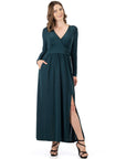 Womens Long Sleeve V Neck Side Slit Maxi Dress