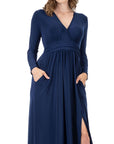 Womens Long Sleeve V Neck Side Slit Maxi Dress