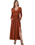 Womens Long Sleeve V Neck Side Slit Maxi Dress