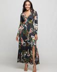 24seven Comfort Apparel Green Paisley Print Long Sleeve Wrap Maxi Dress