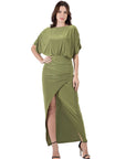 Womens Boat Neck Batwing Sleeve Slit Maxi Dress