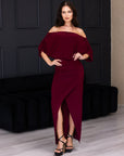 Womens Boat Neck Batwing Sleeve Slit Maxi Dress