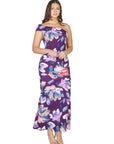 Purple Floral One Shoulder Rouched Mermaid Maxi Dress