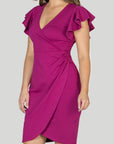 Womens V Neck Ruffle Sleeve Knee Length Dress
