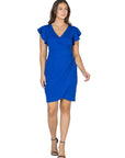 Womens V Neck Ruffle Sleeve Knee Length Dress