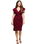 24seven Comfort Apparel Burgundy Print Flutter Sleeve Faux Wrap Dress