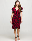 24seven Comfort Apparel Burgundy Print Flutter Sleeve Faux Wrap Dress