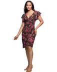 24seven Comfort Apparel Brown and Pink Floral Flutter Sleeve Wrap Dress