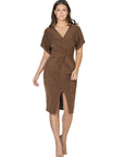 Womens Short Sleeve V Neck Twist Front Split Hem Dress