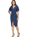 Womens Short Sleeve V Neck Twist Front Split Hem Dress