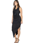 Womens Cowl Neck Long Asymmetrical Backless Halter Dress