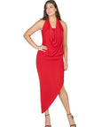 Womens Cowl Neck Long Asymmetrical Backless Halter Dress