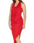 Womens Cowl Neck Long Asymmetrical Backless Halter Dress
