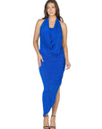 Womens Cowl Neck Long Asymmetrical Backless Halter Dress