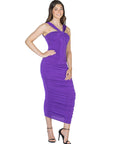 Womens Halter Cross Neck Ruched Bodycon Mid Dress