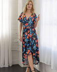 Womens Black Floral V Neck Belted High Low Faux Wrap Dress