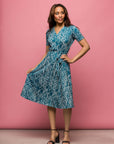 24seven Comfort Apparel Womens Teal Print Short Sleeve Tie Waist Midi Dress