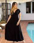Womens Flutter Sleeve Metallic Knit Maxi Dress Front Slit Empire Waist