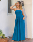 Womens Pleated A Line Strapless Maxi Dress With Pockets