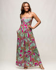 24seven Comfort Apparel Womens Pink Paisley A Line Strapless Maxi Dress With Pockets