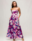 24seven Comfort Apparel Womens Purple Floral A Line Strapless Maxi Dress With Pockets