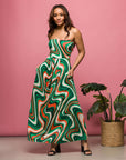 24seven Comfort Apparel Womens Green Print A Line Strapless Maxi Dress With Pockets
