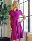 Womens Short Sleeve Knee Length V Neck Rouched Wrap Dress