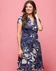 24seven Comfort Apparel Womens Navy Print Short Sleeve Knee Length V Neck Wrap Dress