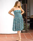 Womens Teal Floral Strapless Tube Top Flowy Knee Length Dress