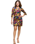 24seven Comfort Apparel Plum Floral Print Keyhole Neckline Sheath Dress