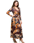 24seven Comfort Apparel Brown Paisley Belt Waist Maxi Dress