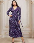 Purple Print Collared Wrap Maxi Dress