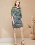 Green Geometric Print Three Quarter Sleeve Collar Mini Dress