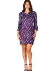 Purple Geometric Print Three Quarter Sleeve Collar Mini Dress
