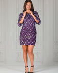 Purple Geometric Print Three Quarter Sleeve Collar Mini Dress
