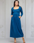 Long Sleeve Empire Waist Pocket Maxi Dress